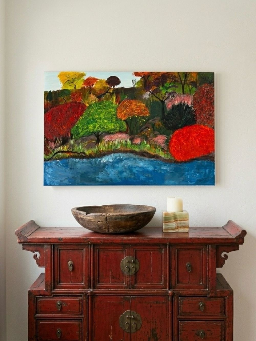 Colorful Landscape Painting with Blue River and Vibrant Trees Sz 36x24